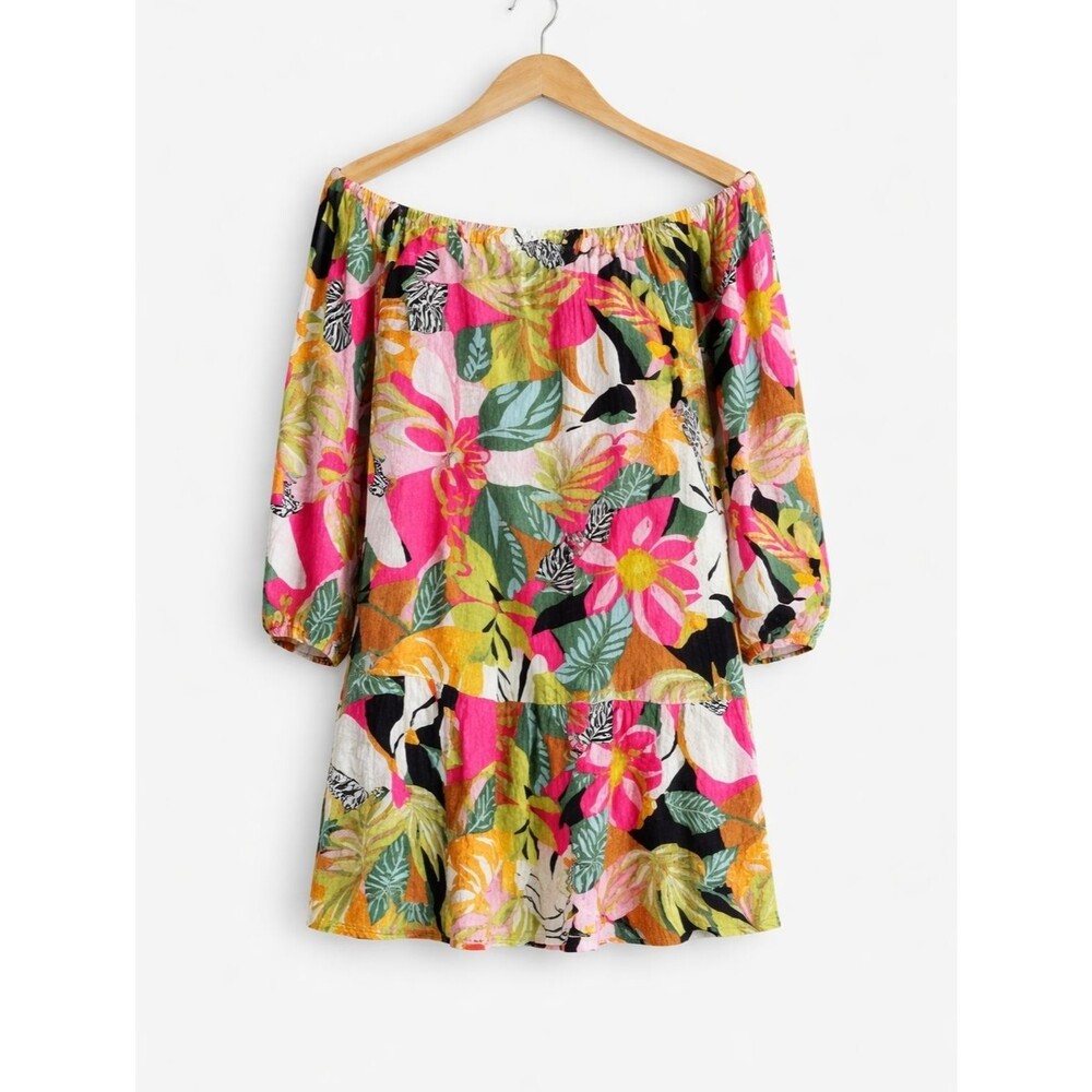 Rachel Roy Bright Tropical Floral Off the Shoulder Boho Flowy Crinkle Mini Dress